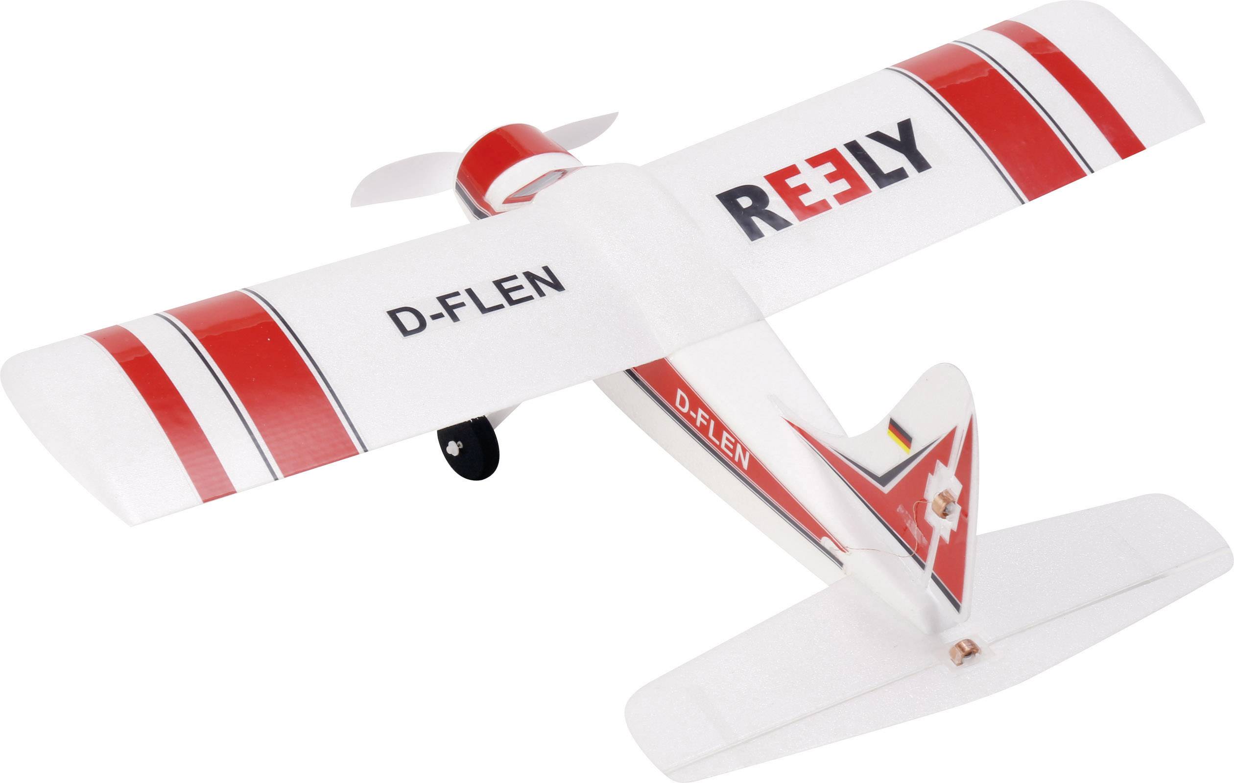 Un avion télécommandé au design rouge et blanc, avec l'inscription 'REELY' et l'immatriculation 'D-FLEN' sur les ailes.