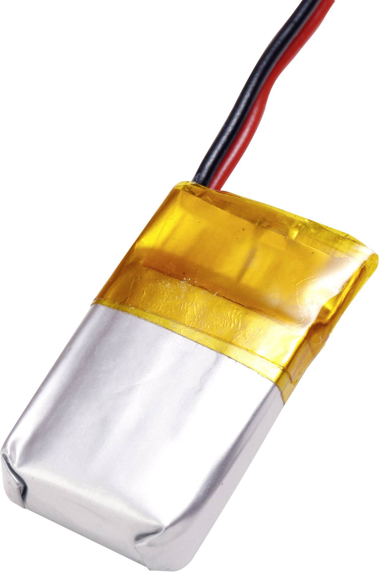 Une petite batterie lithium-polymère rectangulaire avec un boîtier argenté et jaune et deux câbles qui en dépassent.