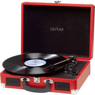 Un tourne-disque rouge avec le couvercle ouvert lit un disque vinyle noir.