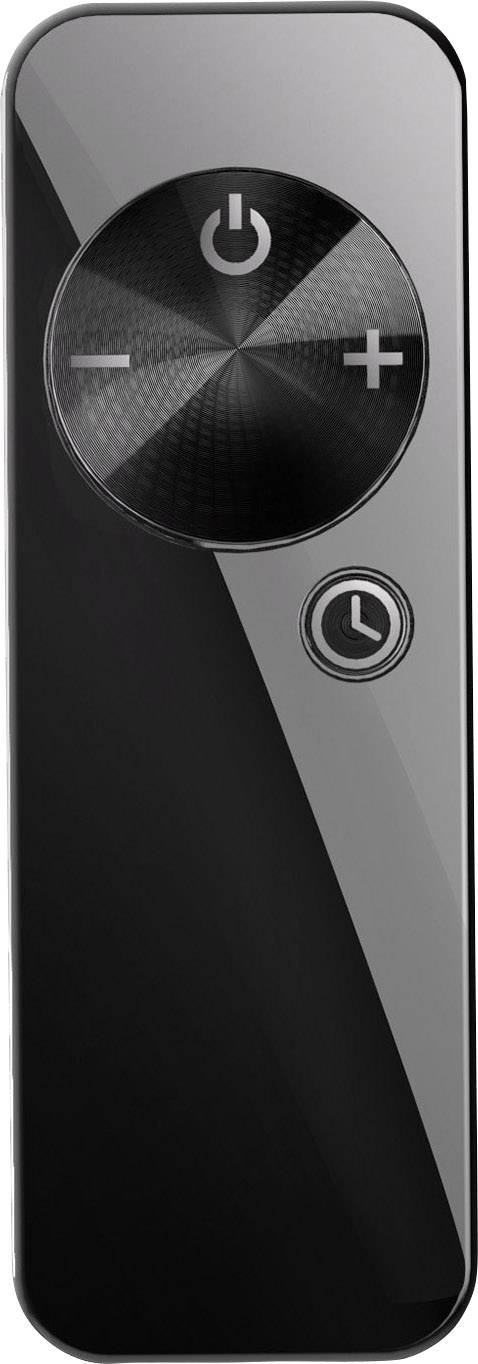 Télécommande noire avec un grand bouton rond en haut pour le réglage du volume (Plus/Moins) et un bouton plus petit en dessous avec un symbole d'horloge.