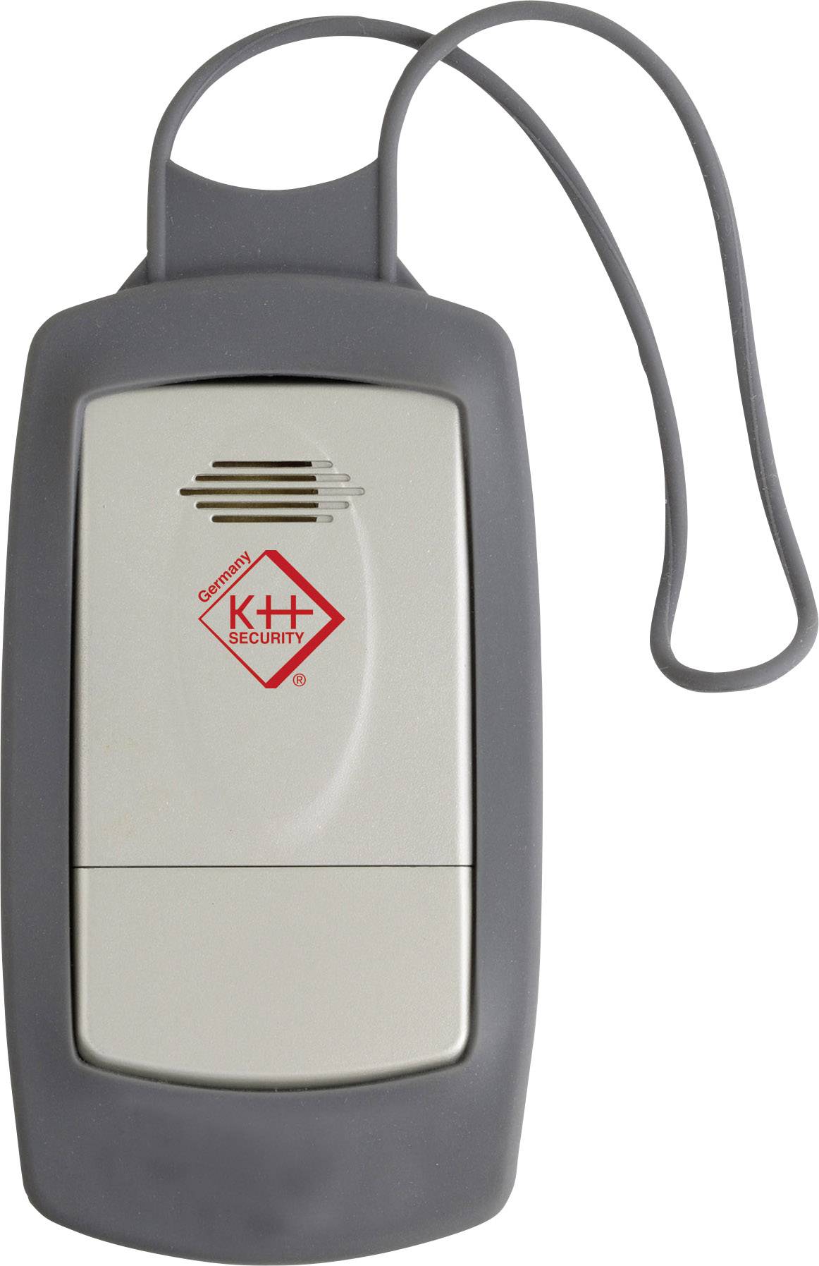 Dispositif de sécurité numérique K+H, gris avec logo rouge 'KH+ Security', boucle de transport sur le dessus, haut-parleur en haut.