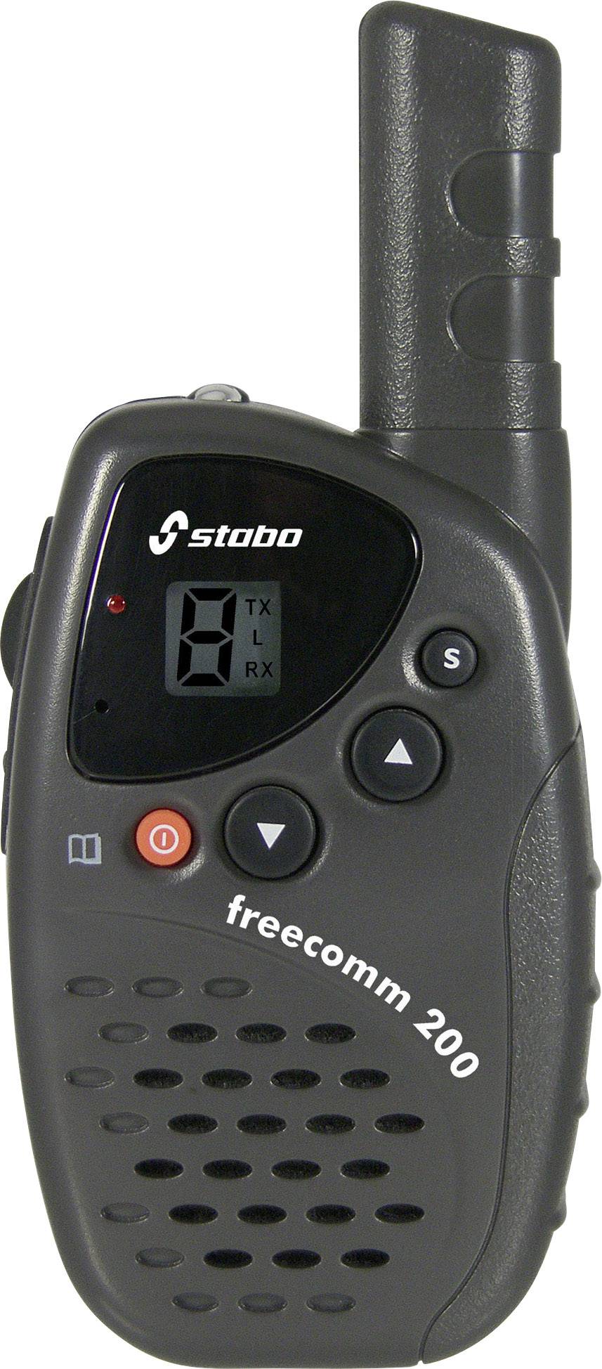 Un talkie-walkie noir portant le nom de modèle 'freecomm 200', équipé d'un écran, de plusieurs touches et d'une antenne sur le côté droit.