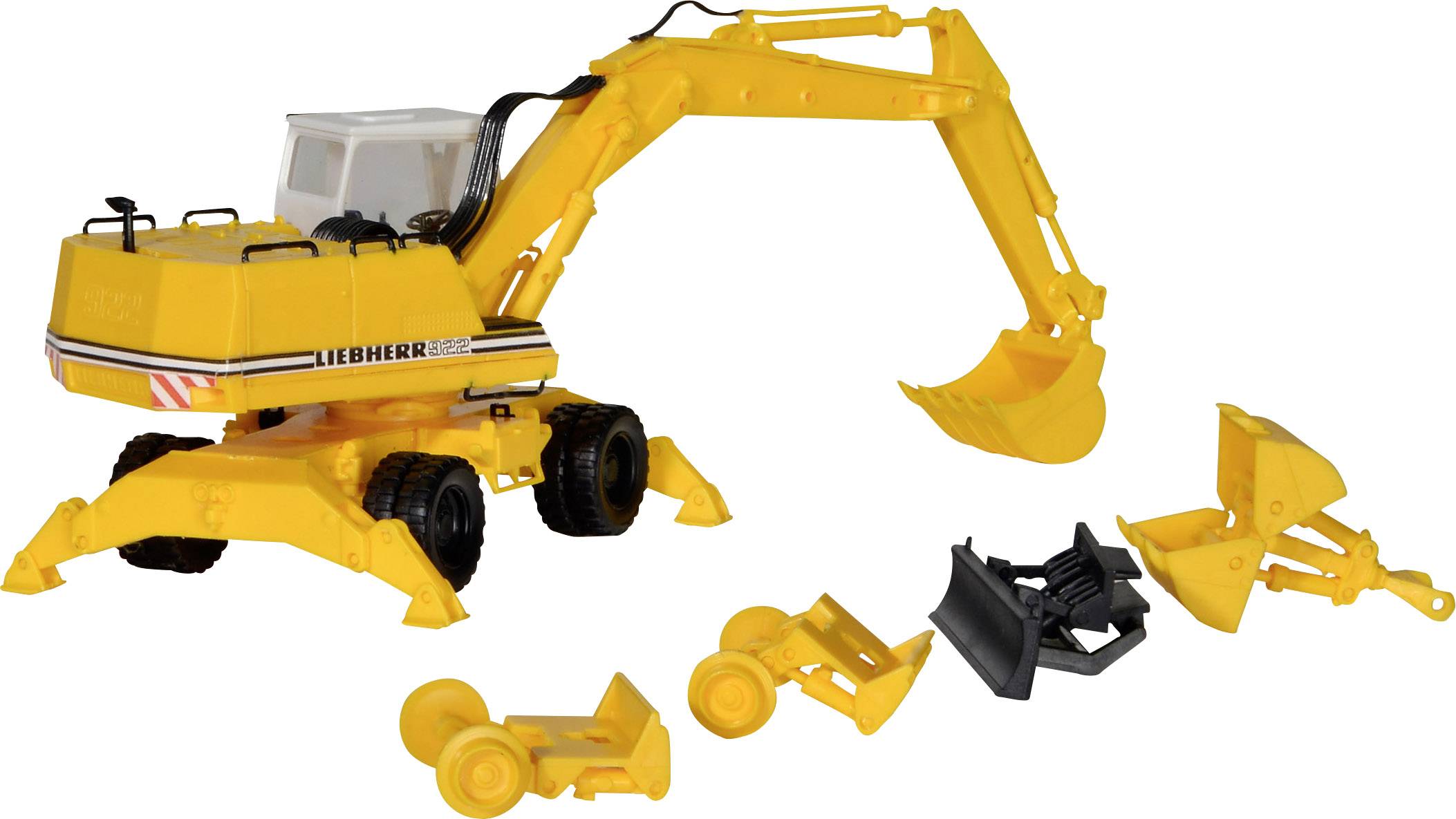 Un bulldozer jouet jaune avec des accessoires interchangeables, dont une pelle et une pince de préhension, sur un fond blanc.