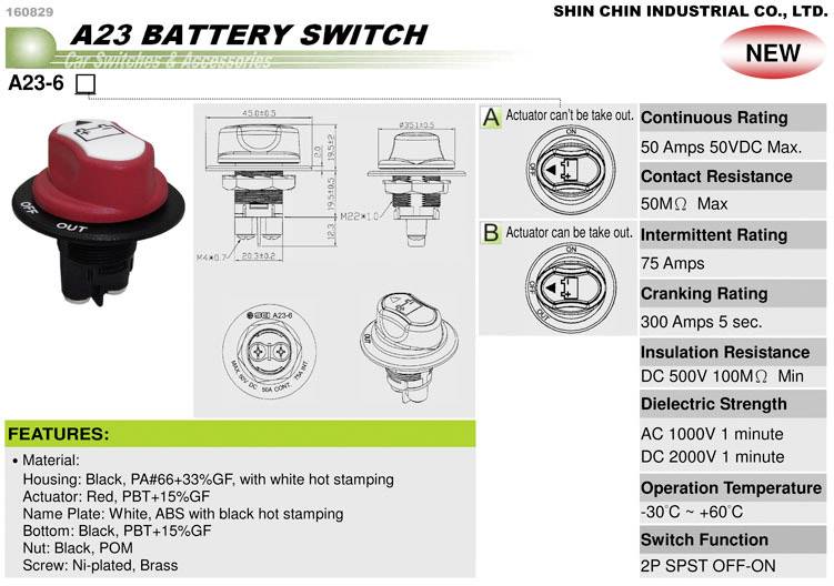 Un bouton-poussoir de batterie rouge, modèle A23-6, de Shin Chin Industrial Co., Ltd., présente des schémas de câblage, des données techniques et des domaines d'application.