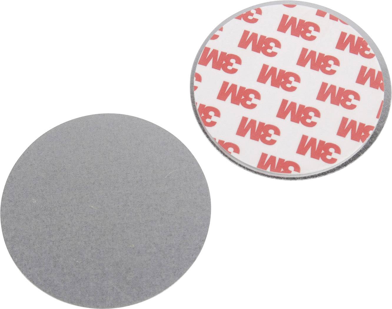 Deux objets ronds, l'un en matériau gris, l'autre avec un fond blanc et l'inscription rouge '3M', sont disposés côte à côte.