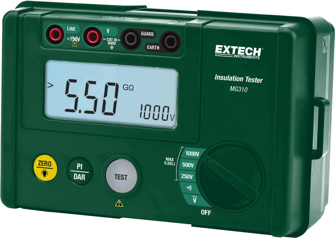 'Extech Isolationsmètre MG310 avec affichage numérique indiquant 5,50 GΩ à 1000V. Boutons de commande pour différentes fonctions.'