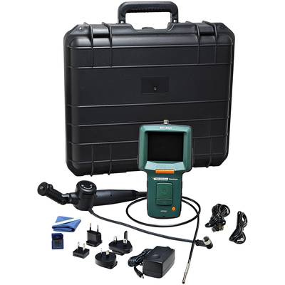 Un ensemble d'outils d'endoscopie verte avec moniteur, plusieurs embouts, chargeur et câbles devant une valise noire.