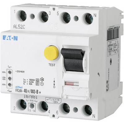 Un disjoncteur différentiel Eaton avec un bouton de test jaune, un levier noir et plusieurs bornes de raccordement, utilisé pour la protection contre les surintensités.