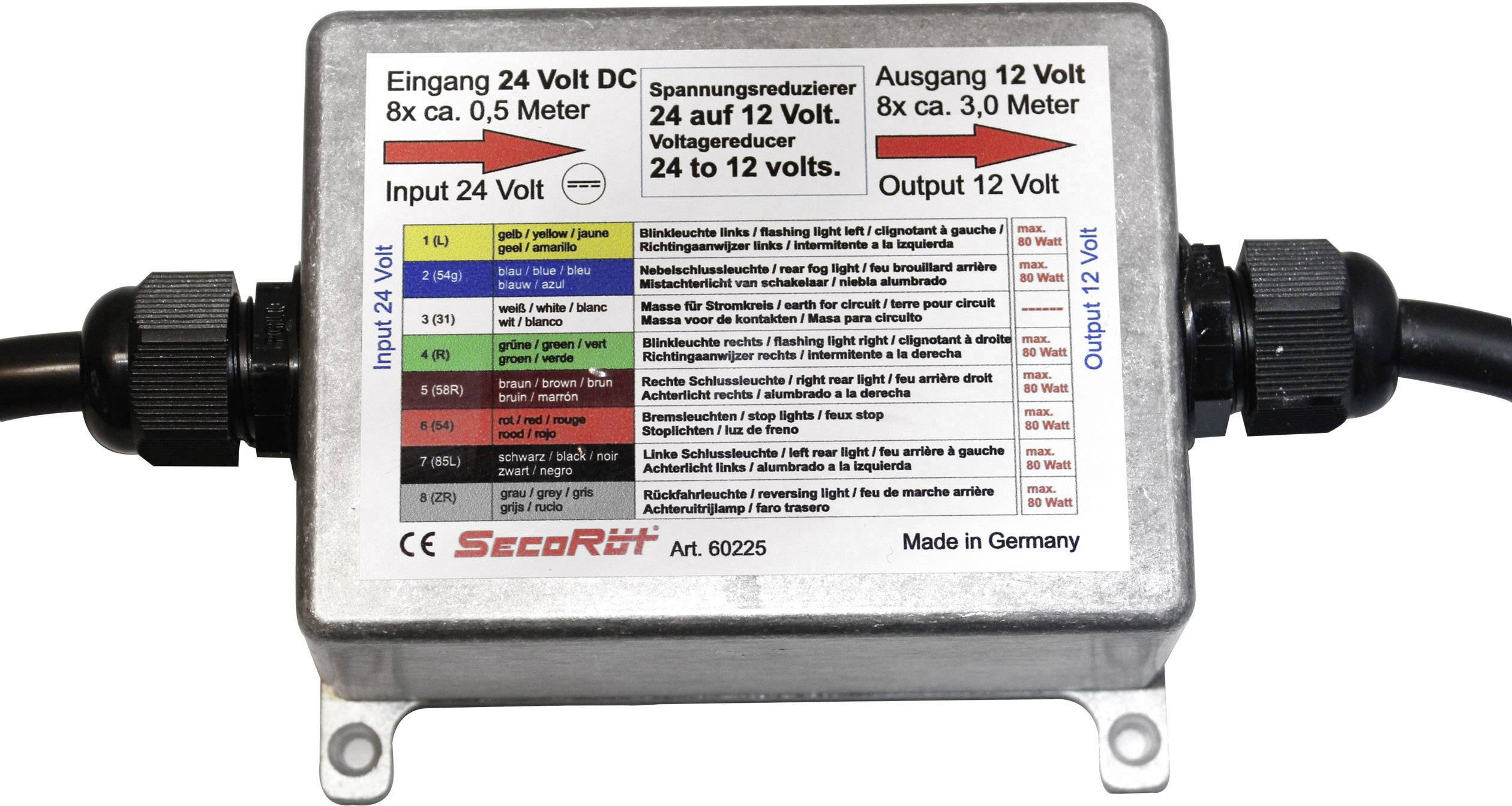 Réducteur de tension 24 à 12 volts, appareil doté de bornes d'entrée et de sortie, avec tableaux de spécifications en couleurs et logo du fabricant.