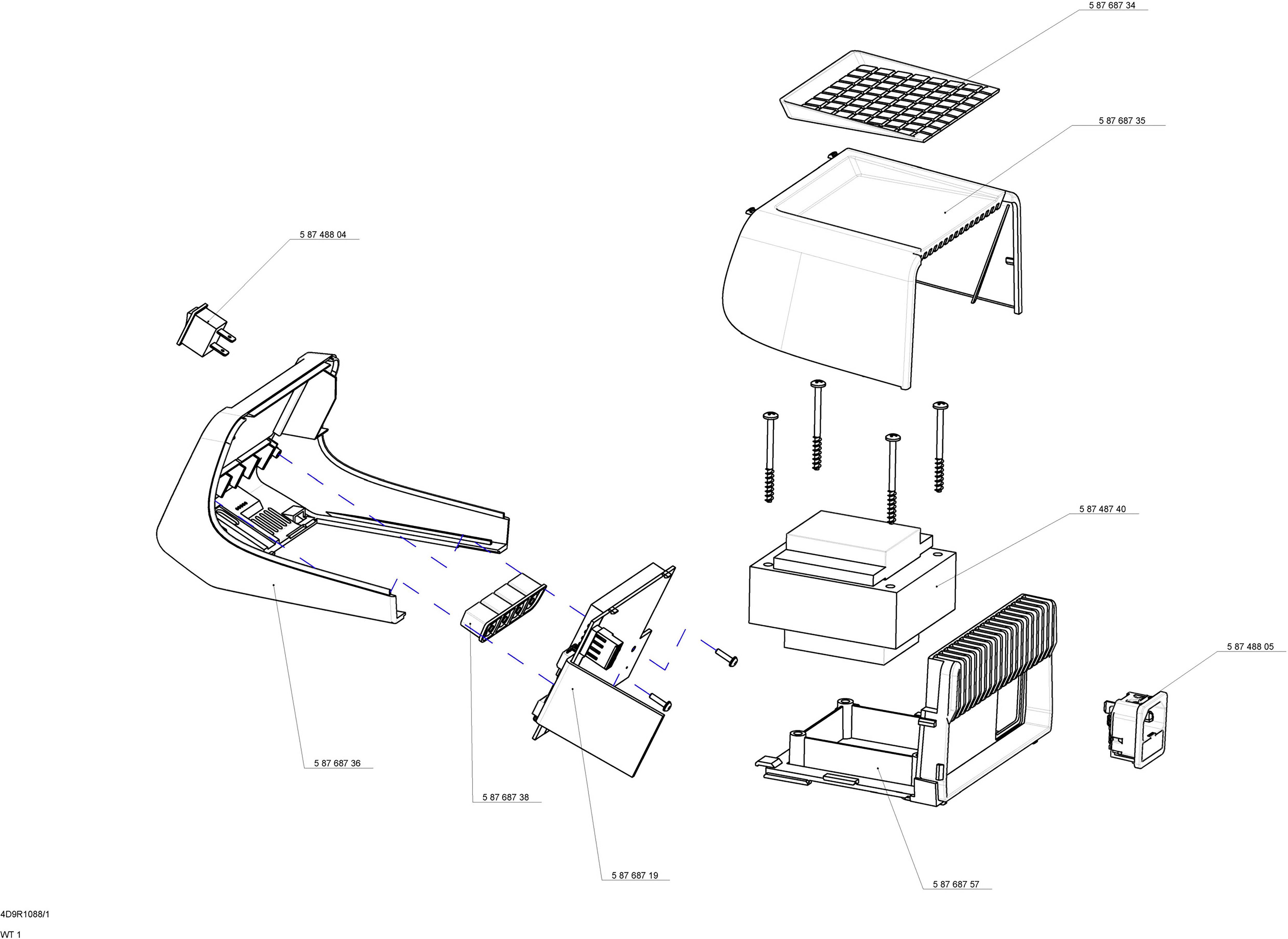 Vue éclatée d'un appareil électronique avec boîtier, éléments de commande, vis et fiche secteur. Illustre les étapes de montage.