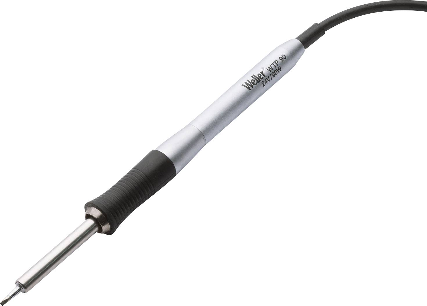 Fer à souder à manche fin, avec une section noire caoutchoutée et un manche argenté, adapté aux travaux électroniques.