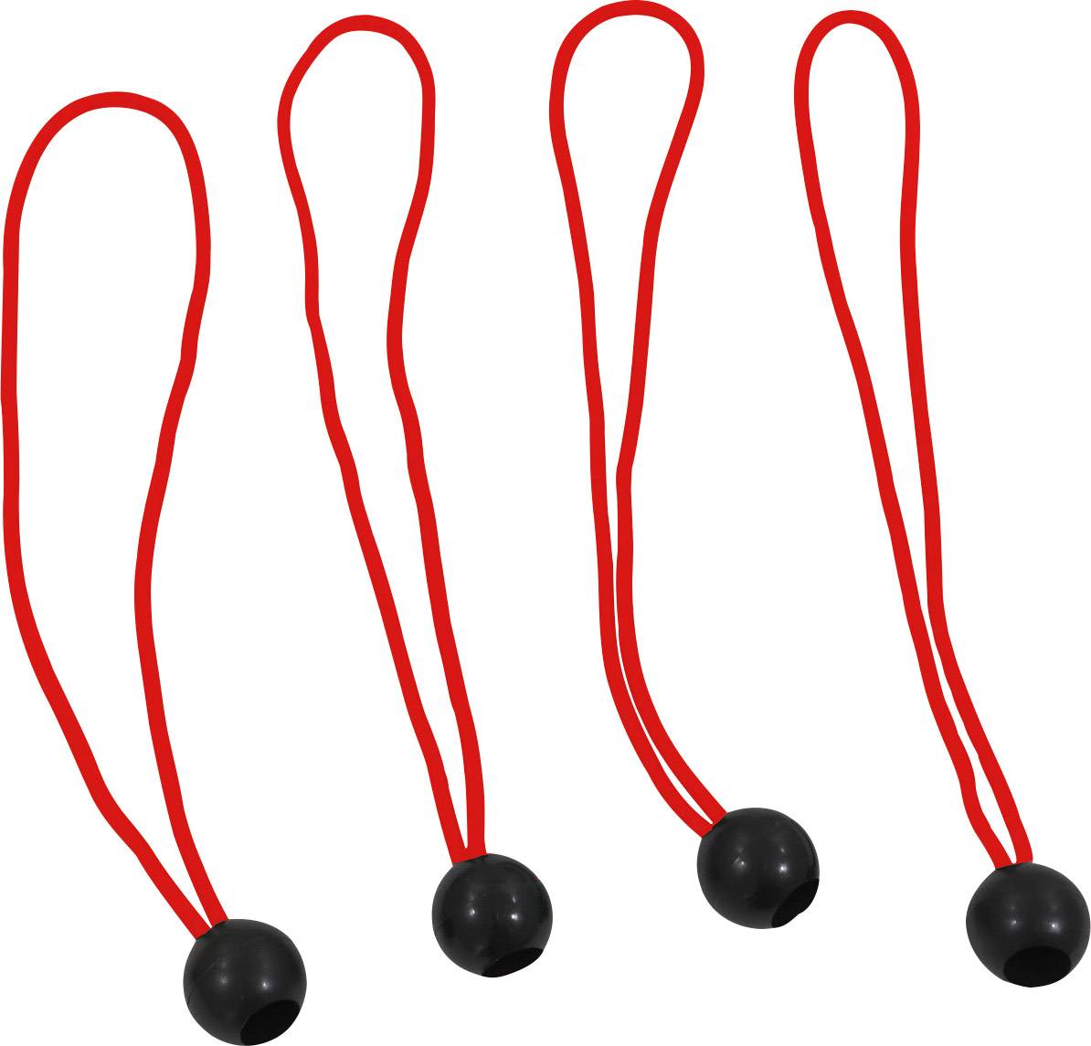 Quatre boucles de caoutchouc rouge avec des boules en plastique noir à leurs extrémités.