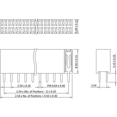 Dessin technique d'un connecteur avec cotes dimensionnelles et positions des broches en millimètres. Vue latérale et vue de face avec vue détaillée.