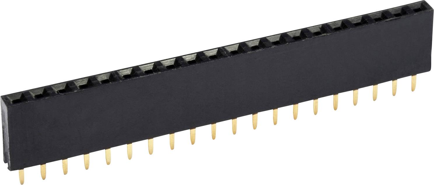 Un connecteur droit noir à broches avec des contacts dorés, utilisé pour les connexions électroniques sur les circuits imprimés.