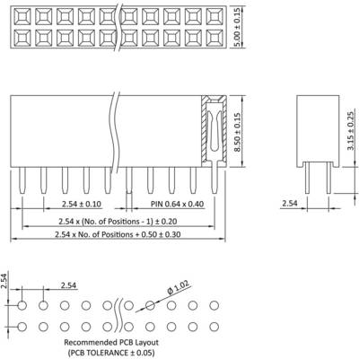 Dessin technique d'un connecteur avec dimensions. Présente une vue de dessus, une vue latérale et une disposition recommandée de PCB.