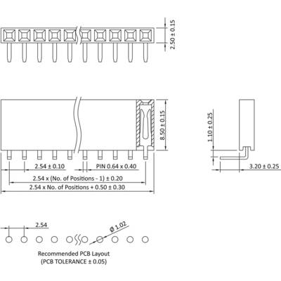 'Dessin technique d'un connecteur avec dimensions et détails de disposition pour le montage de circuit imprimé.'