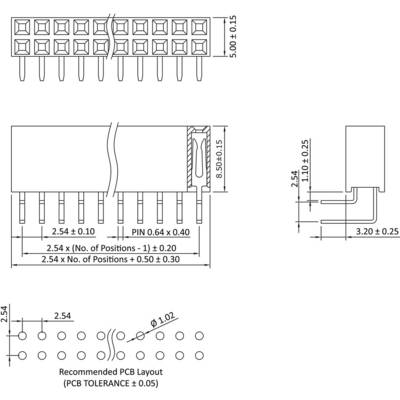 'Dessin technique d'un commutateur DIP 16 broches avec dimensions en millimètres. Présente une vue de côté, de dessus et du circuit imprimé.'