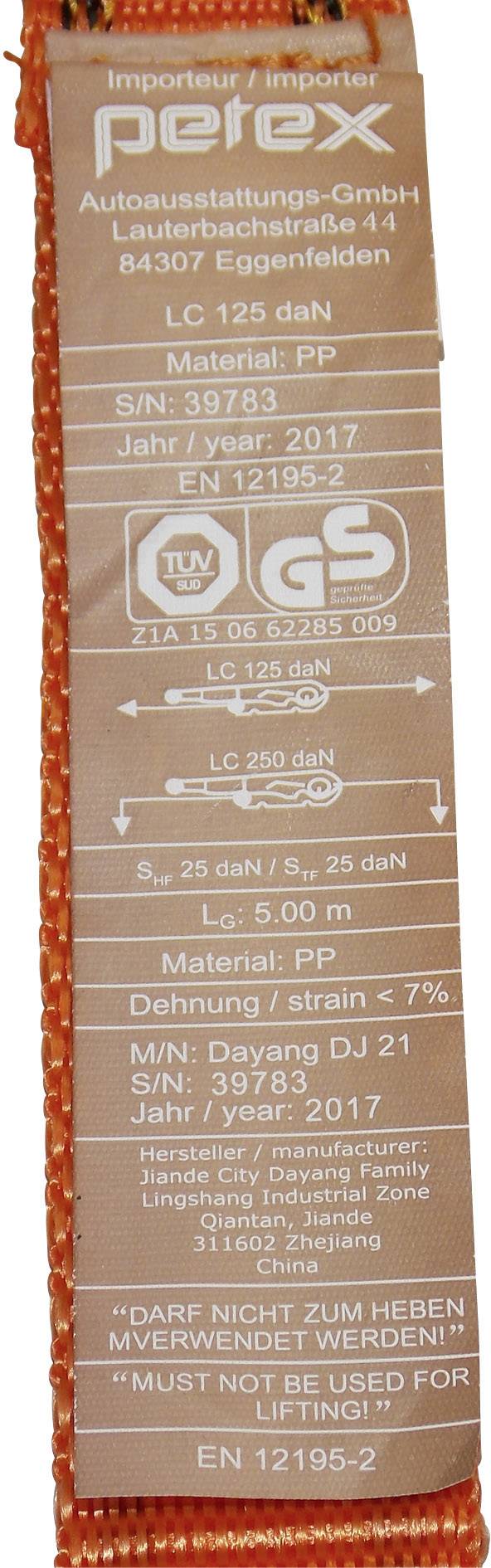 Importateur : petex, Autositzausstattungs GmbH, Adresse : Lauterbachstraße 44, 84307 Eggenfelden, LC : 125 daN, Matériau : PP.