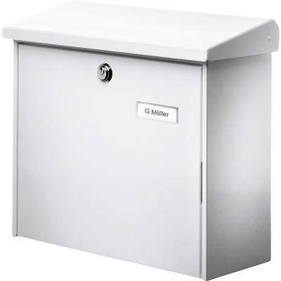Une boîte aux lettres blanche avec serrure, sur laquelle est inscrit le nom 'G. Möller'.