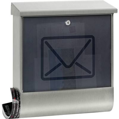 Une boîte aux lettres argentée avec un panneau frontal transparent qui permet de voir les lettres. Un compartiment pour les journaux est intégré en bas.