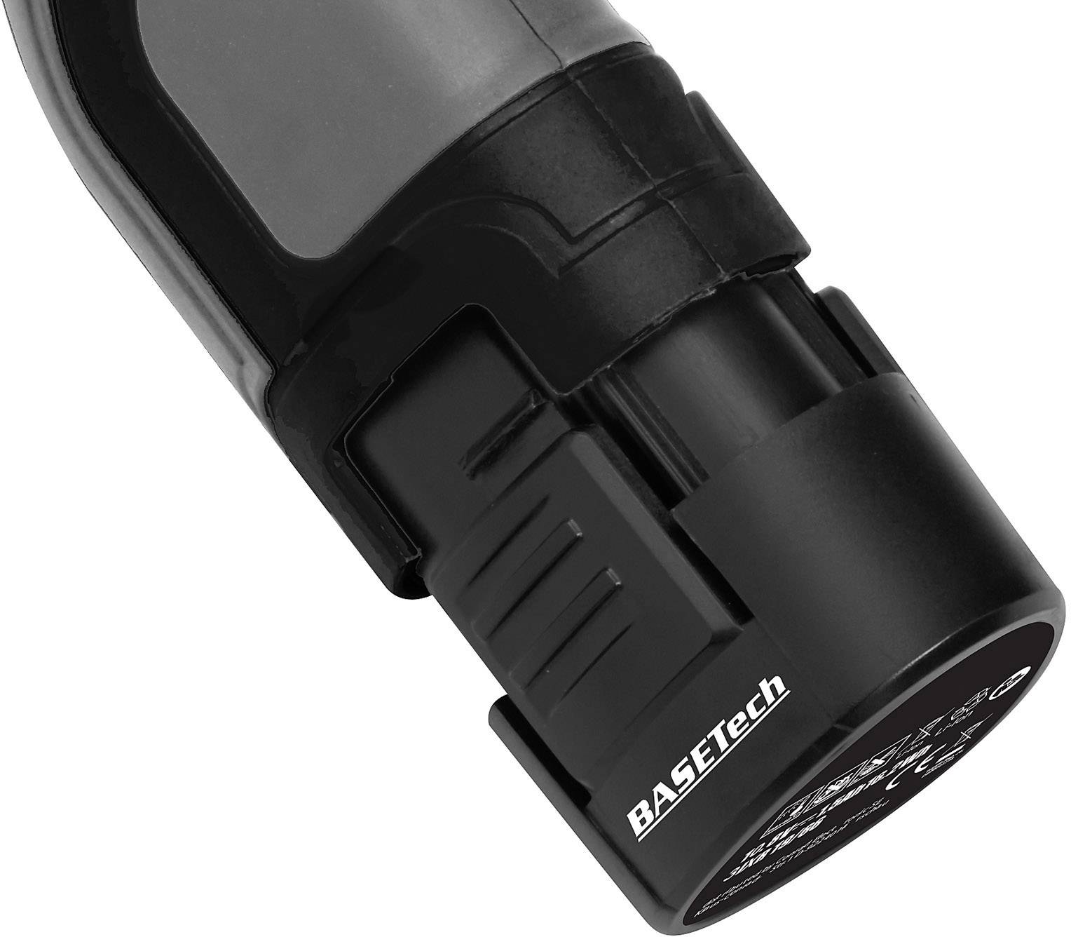 L'image montre une batterie rechargeable BASETech en gros plan, avec un boîtier noir et une étiquette imprimée.