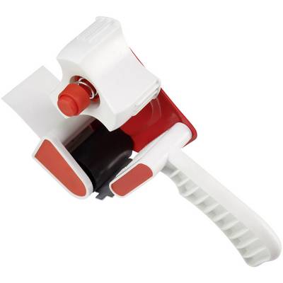 Dévidoir de ruban adhésif, blanc avec des touches rouges, posé sur le côté. Adapté pour sceller des cartons et des colis.