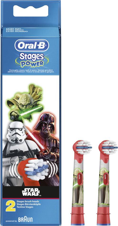 Emballage des têtes de brosse à dents Oral-B Stages Power avec des motifs Star Wars. Deux têtes de brosse représentées, mettant en scène des personnages de Star Wars.