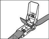 Un dessin stylisé d'un tendeur à cliquet serrant une sangle. L'arrière-plan est noir, avec la sangle tendue diagonalement.