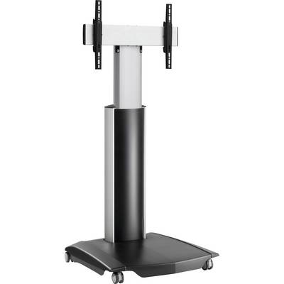 Support de téléviseur mobile et réglable en hauteur avec roulettes, adapté aux écrans plats, offrant des possibilités de positionnement flexibles.