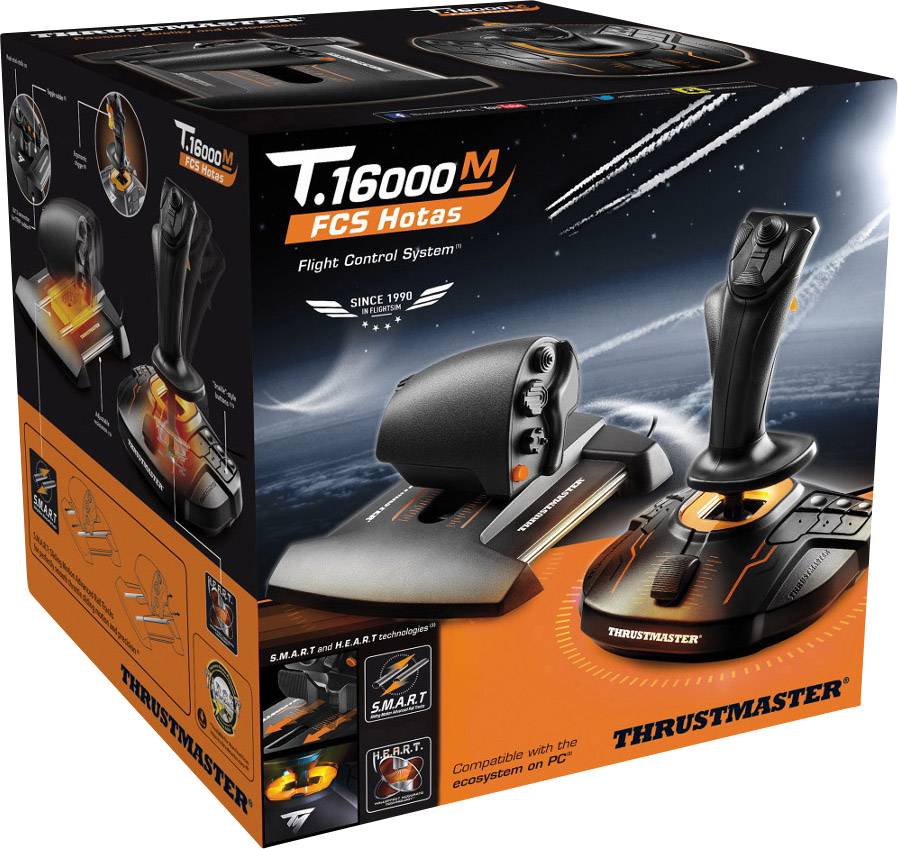 Emballage du Thrustmaster T.16000M FCS Hotas montrant un manche et des manettes de gaz, promu comme un système de contrôle pour simulation de vol sur PC.