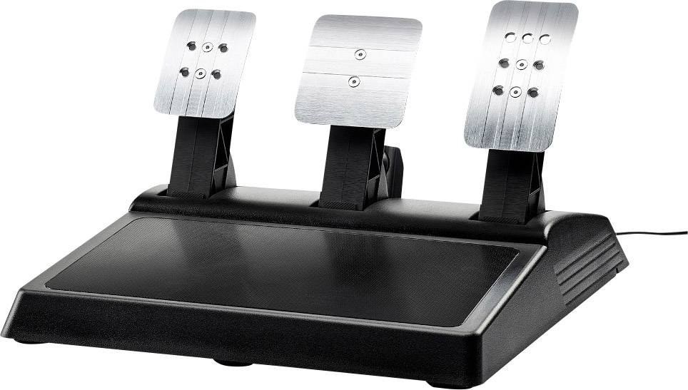 Un ensemble de pédales à trois pédales en métal, monté sur un socle noir, adapté aux simulateurs de course ou aux commandes de jeux vidéo.