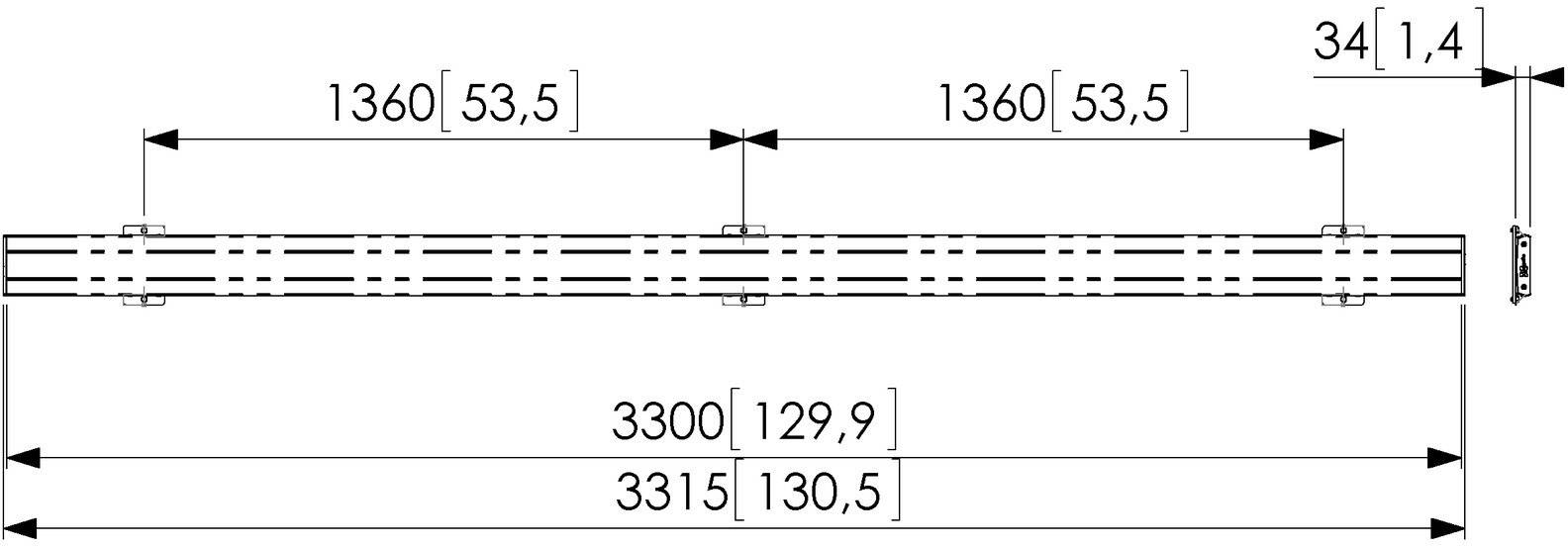 Dessin technique d'un composant mécanique avec dimensions : longueur 3315 mm et largeur 34 mm. Contient d'autres indications de mesure.