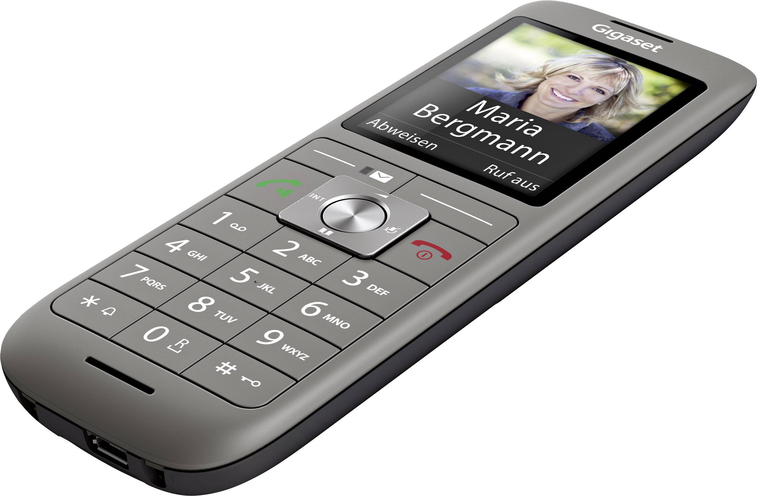 Un téléphone sans fil avec un grand écran affiche une photo de 'Maria Bergmann'. Des touches pour appeler, rejeter et saisir des chiffres sont visibles.