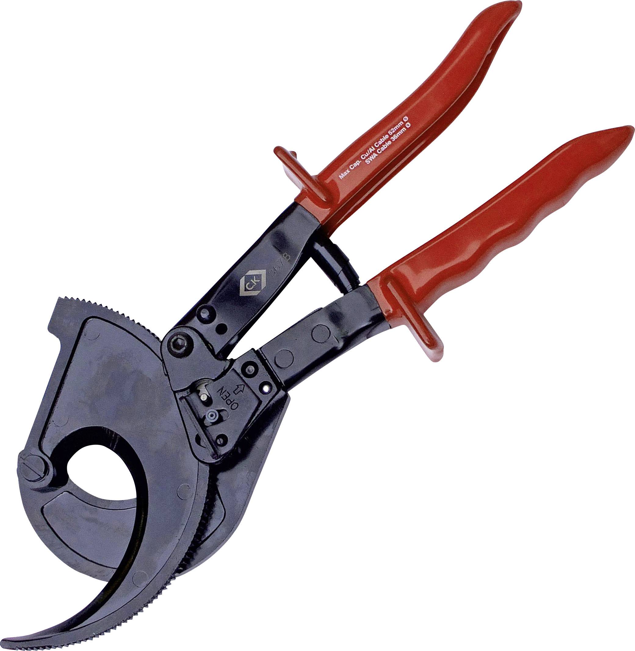 Grand outil de coupe-câbles robuste avec poignées rouges, adapté pour couper des câbles épais.