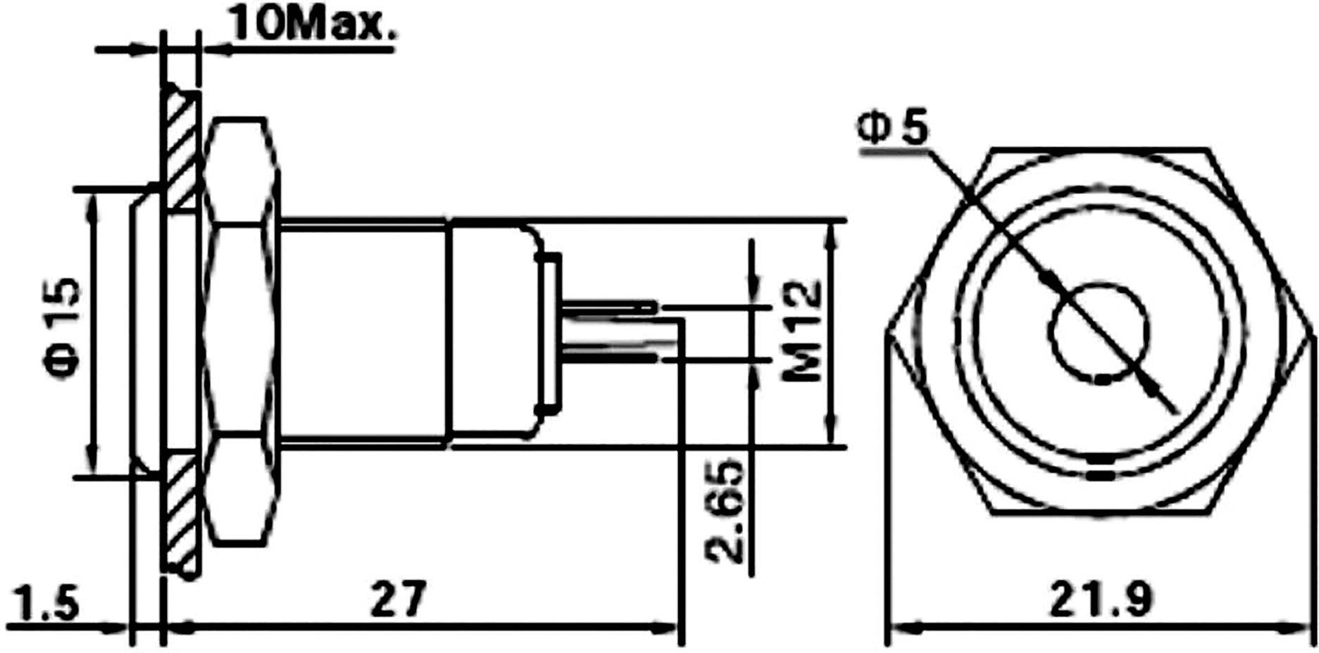 Dessin technique d'un connecteur cylindrique avec dimensions en millimètres, incluant le diamètre et la longueur des composants.