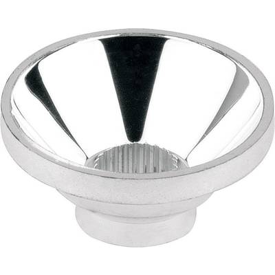 Une lentille réflectrice en métal argenté, de forme conique, qui concentre et diffuse la lumière à partir d'une source lumineuse.