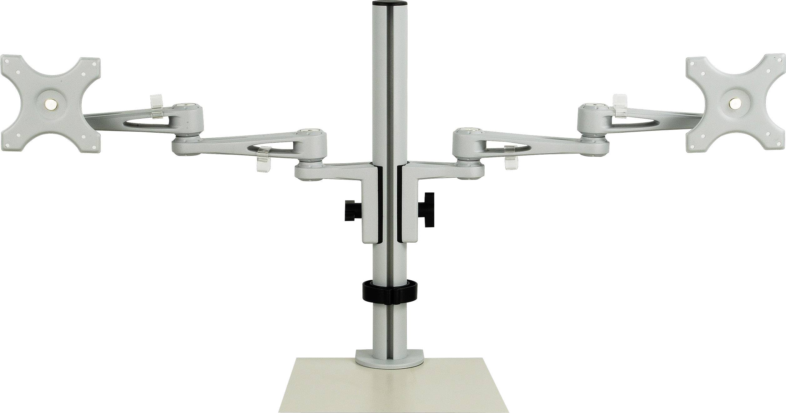 Un support de moniteur réglable avec quatre bras articulés pour fixer des écrans sur un bureau.