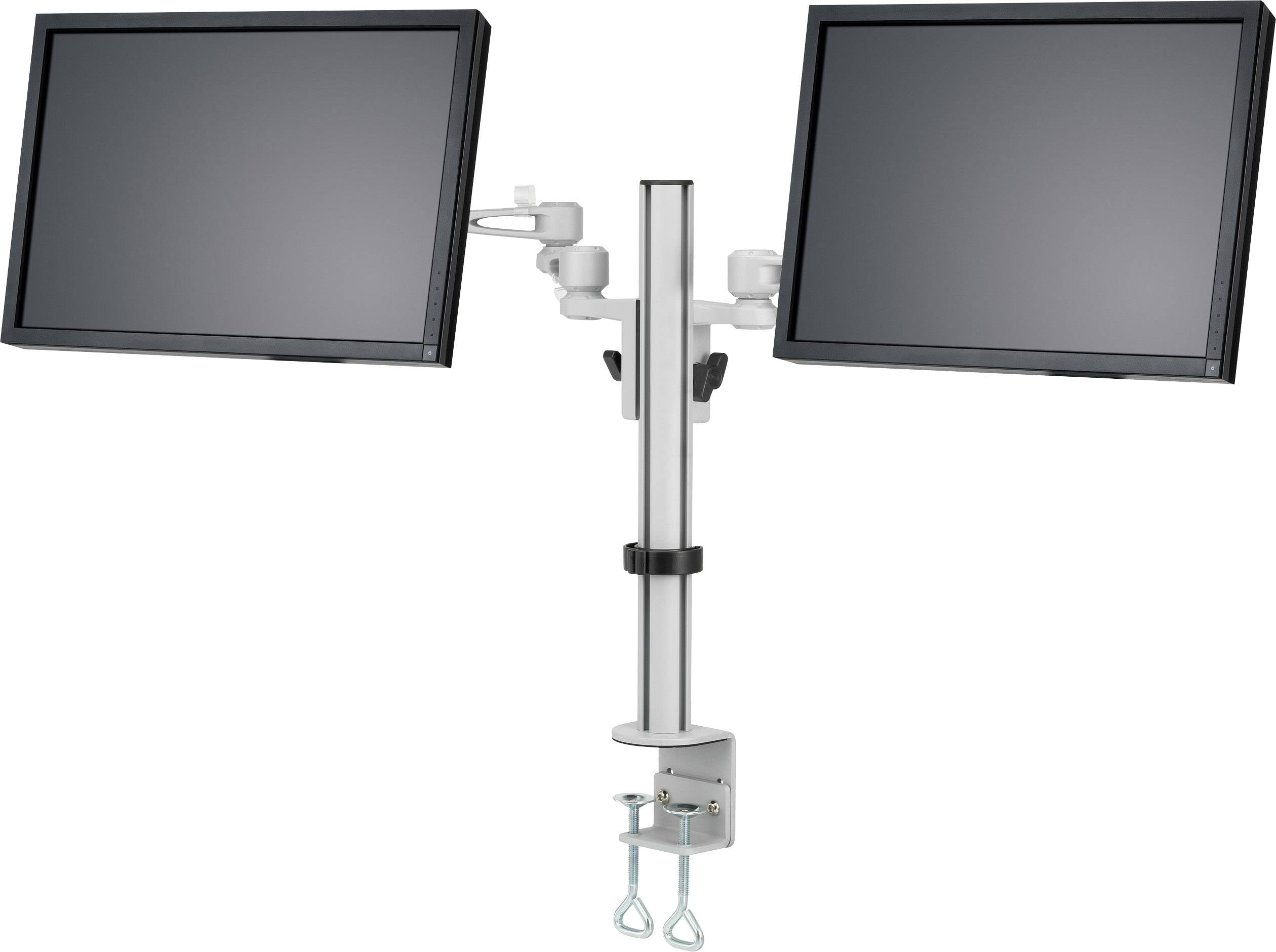 Deux écrans montés sur un bras double support réglable en hauteur, fixé à un bureau, idéal pour un travail ergonomique.