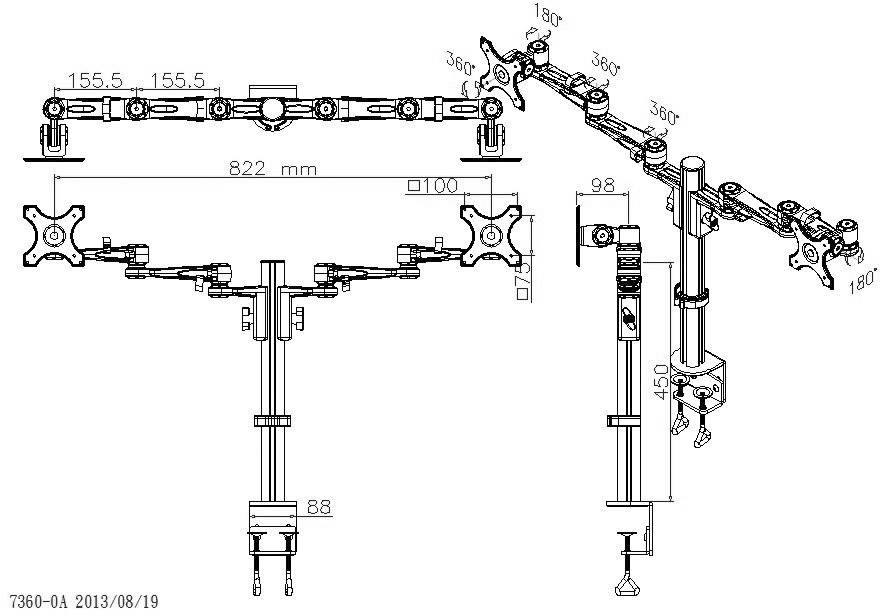 Dessin de montage d'un double bras de moniteur avec dimensions. Présente des vues latérales et frontales pour l'installation et le positionnement.