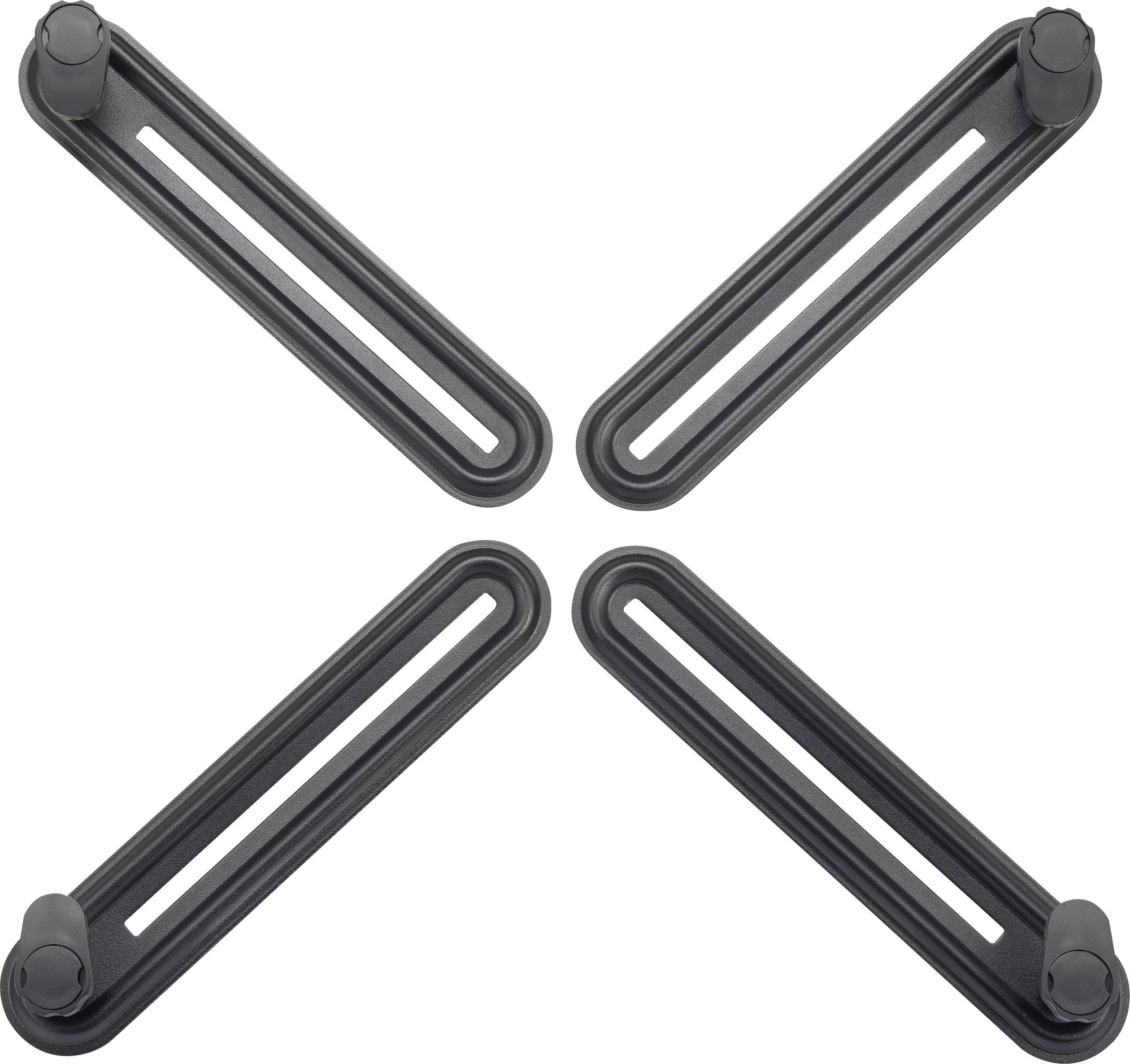 Quatre éléments noirs allongés, disposés symétriquement en forme de X. Chaque élément possède une ouverture ovale et des extrémités arrondies.