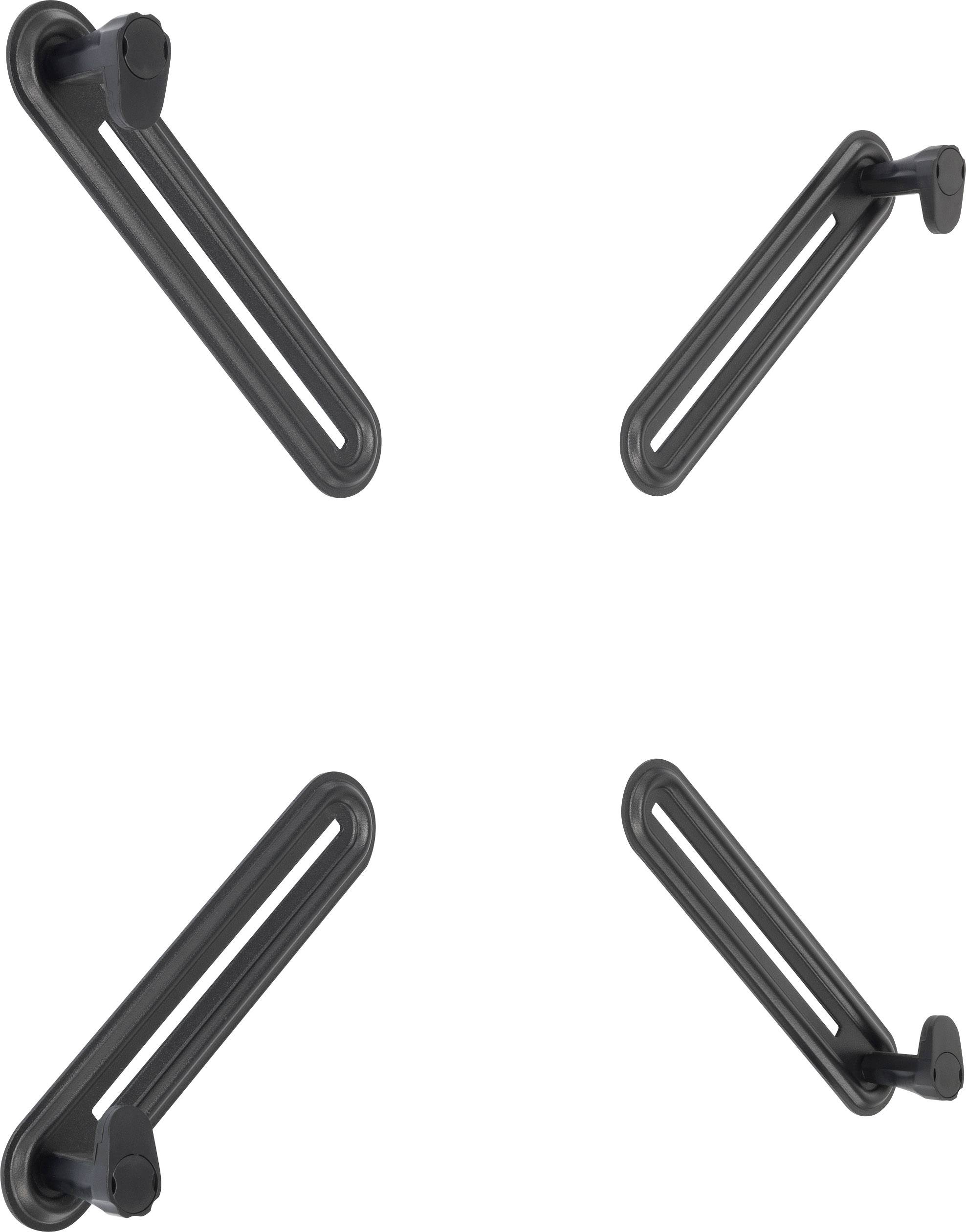 Quatre poignées de coffre-fort noires dans différentes positions : deux verticales et deux diagonales. Adaptées aux applications industrielles.