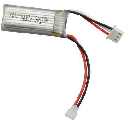 Une batterie lithium-polymère avec deux câbles et un petit connecteur blanc.
