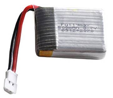 Une batterie LiPo rectangulaire avec deux câbles, un noir et un rouge, et un connecteur blanc. L'inscription indique la capacité.
