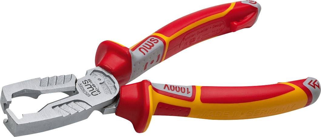 Pince à dénuder rouge et jaune avec poignées isolées, adaptée aux travaux sur les lignes électriques jusqu'à 1000 volts.