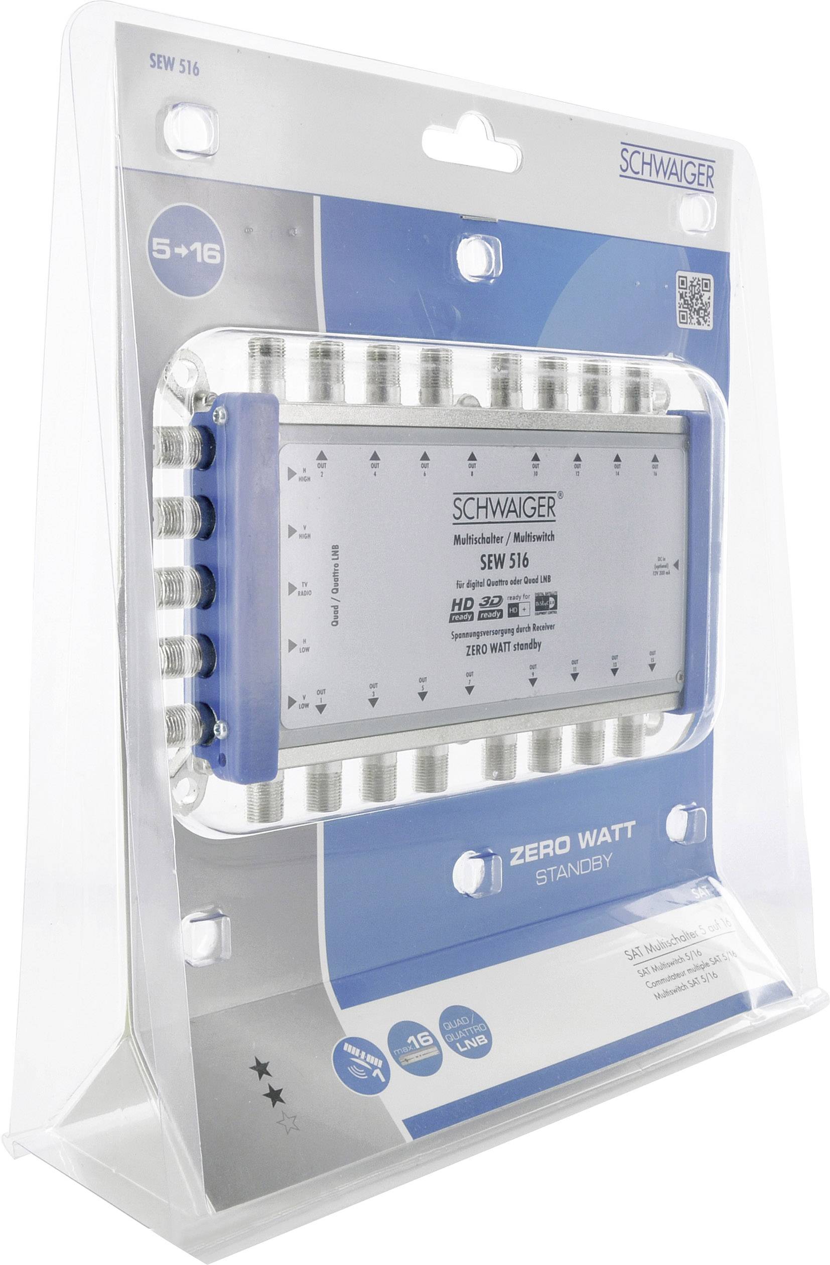 Un commutateur multiprises de Schwaiger, modèle SEW 516, dans son emballage. Il est conçu pour connecter plusieurs appareils.