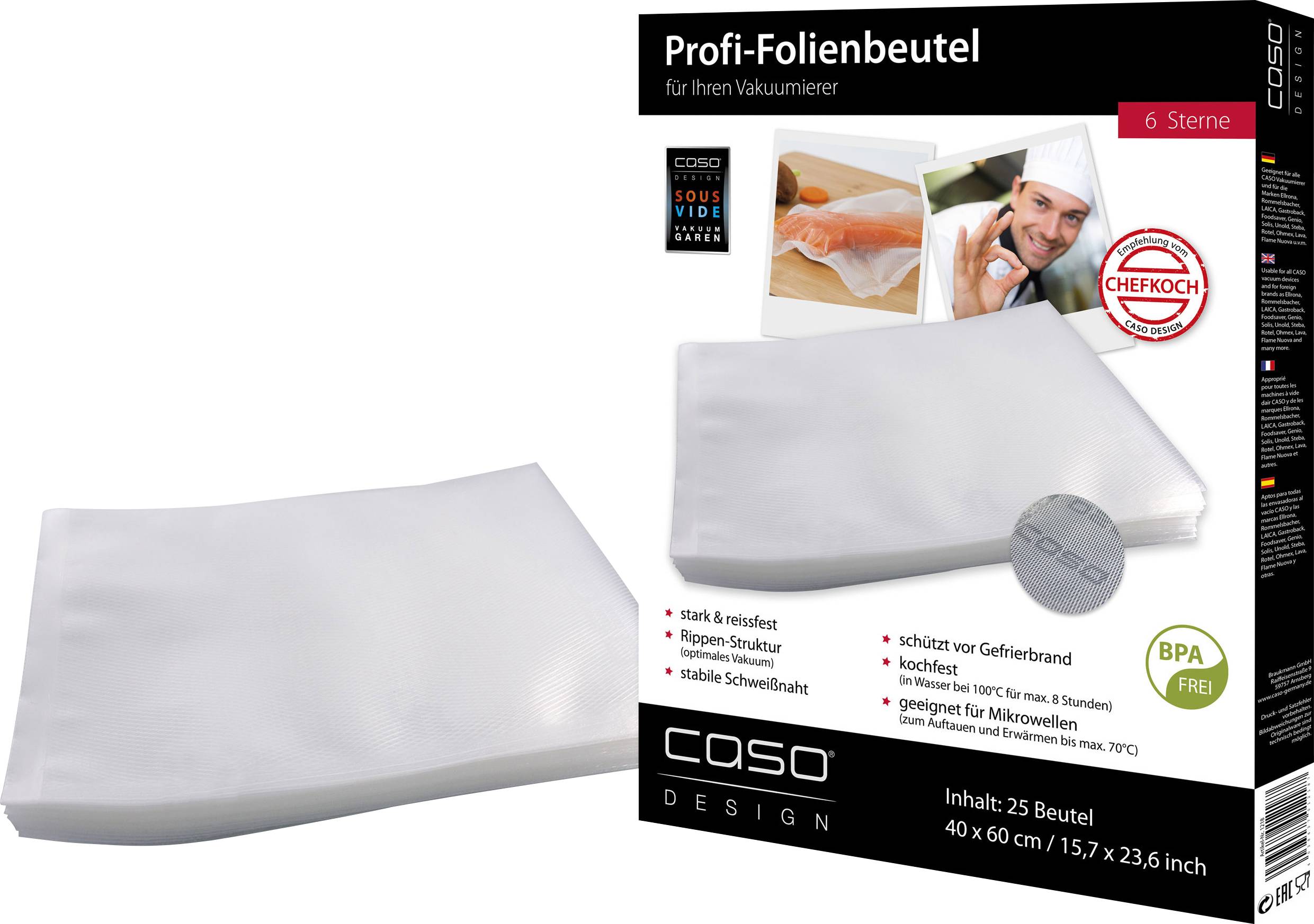 Sachets sous-vide 'Profi-Folienbeutel' de Caso Design, adaptés aux appareils de mise sous vide. Lot de 25 sachets, dimensions : 40x60 cm. Parfaits pour la cuisson sous vide.