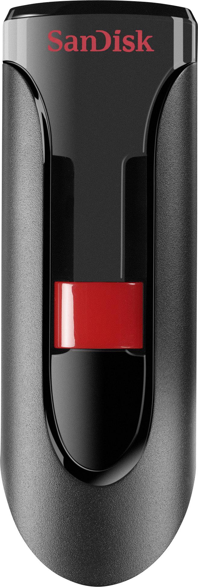 Une clé USB noire de SanDisk avec un interrupteur rouge au centre.