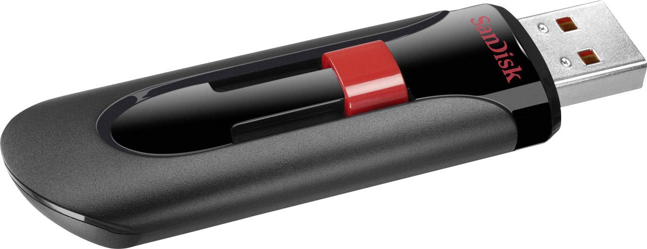 Clé USB noire avec un interrupteur coulissant rouge, logo de marque 'SanDisk' visible, utilisée pour le stockage et le transfert de données.