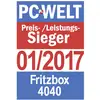 « Vainqueur du rapport qualité/prix PC-WELT 01/2017 Fritzbox 4040 » sur fond rouge et bleu.