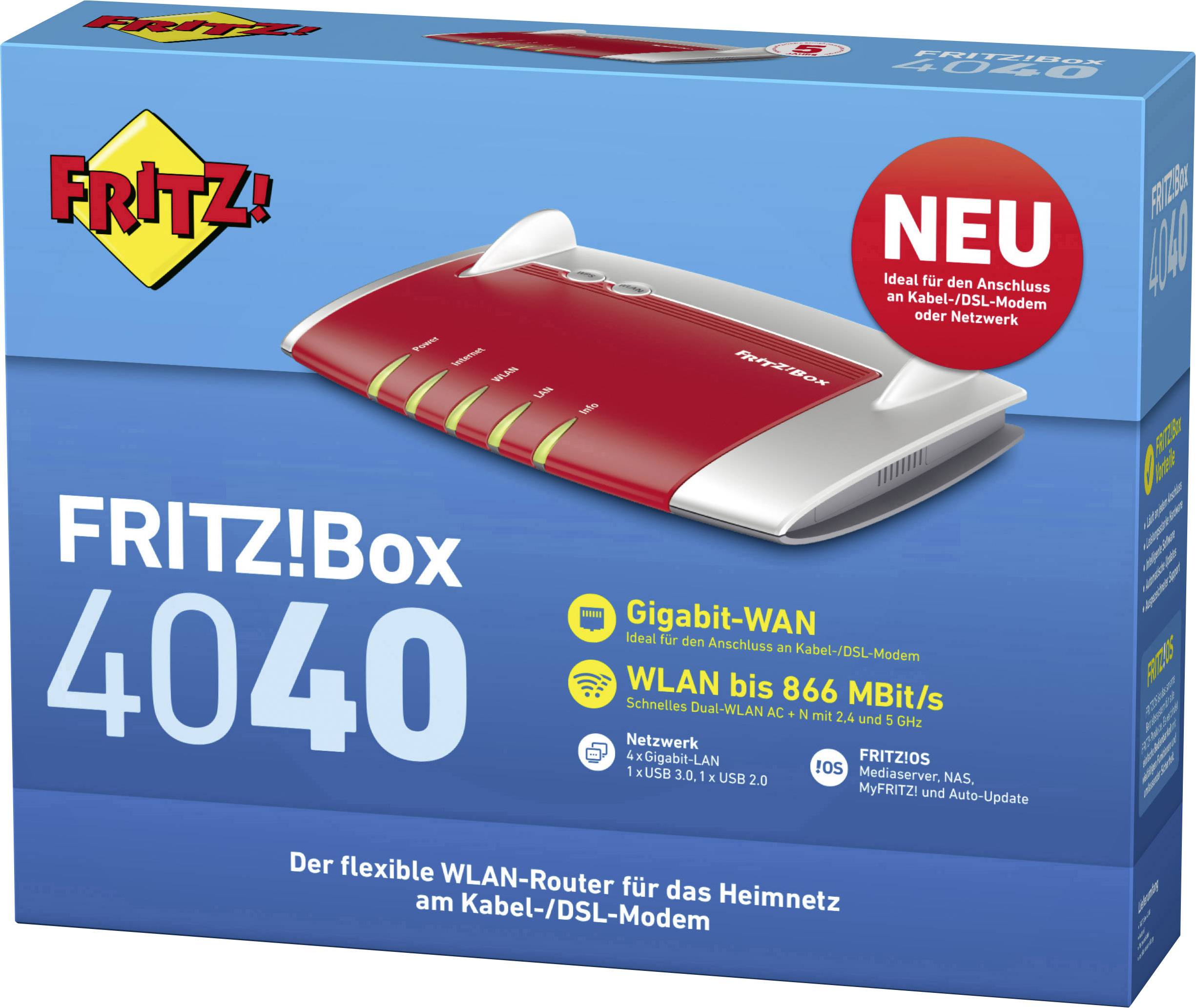 Emballage 'FRITZ!Box 4040' présentant un routeur Wi-Fi. Offre WAN Gigabit, Wi-Fi jusqu'à 866 Mbit/s. Idéal pour modem câble/DSL. Nouvel article.
